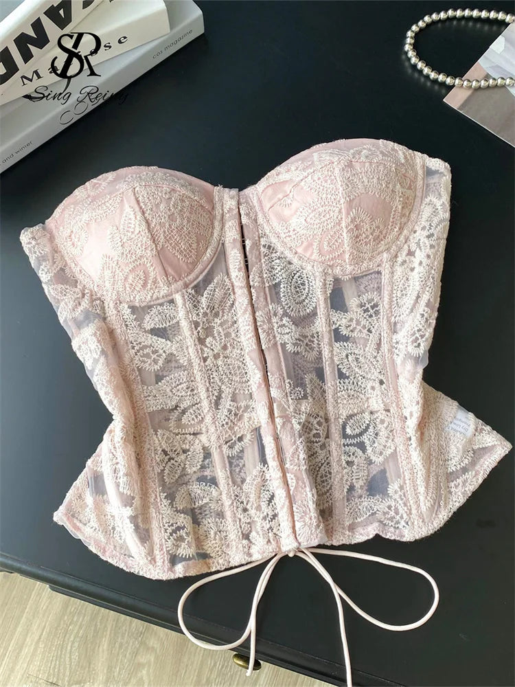 Romantic Light Pink Sheer Lace Strapless Corset with Floral Embroidery and Tie Detailing