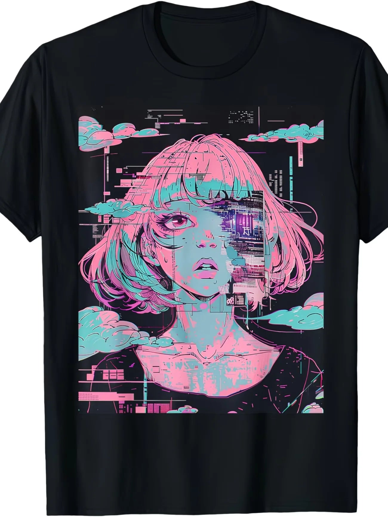 Cyber Glitch Anime Graphic Oversized Streetwear Cotton Casual T-Shirt