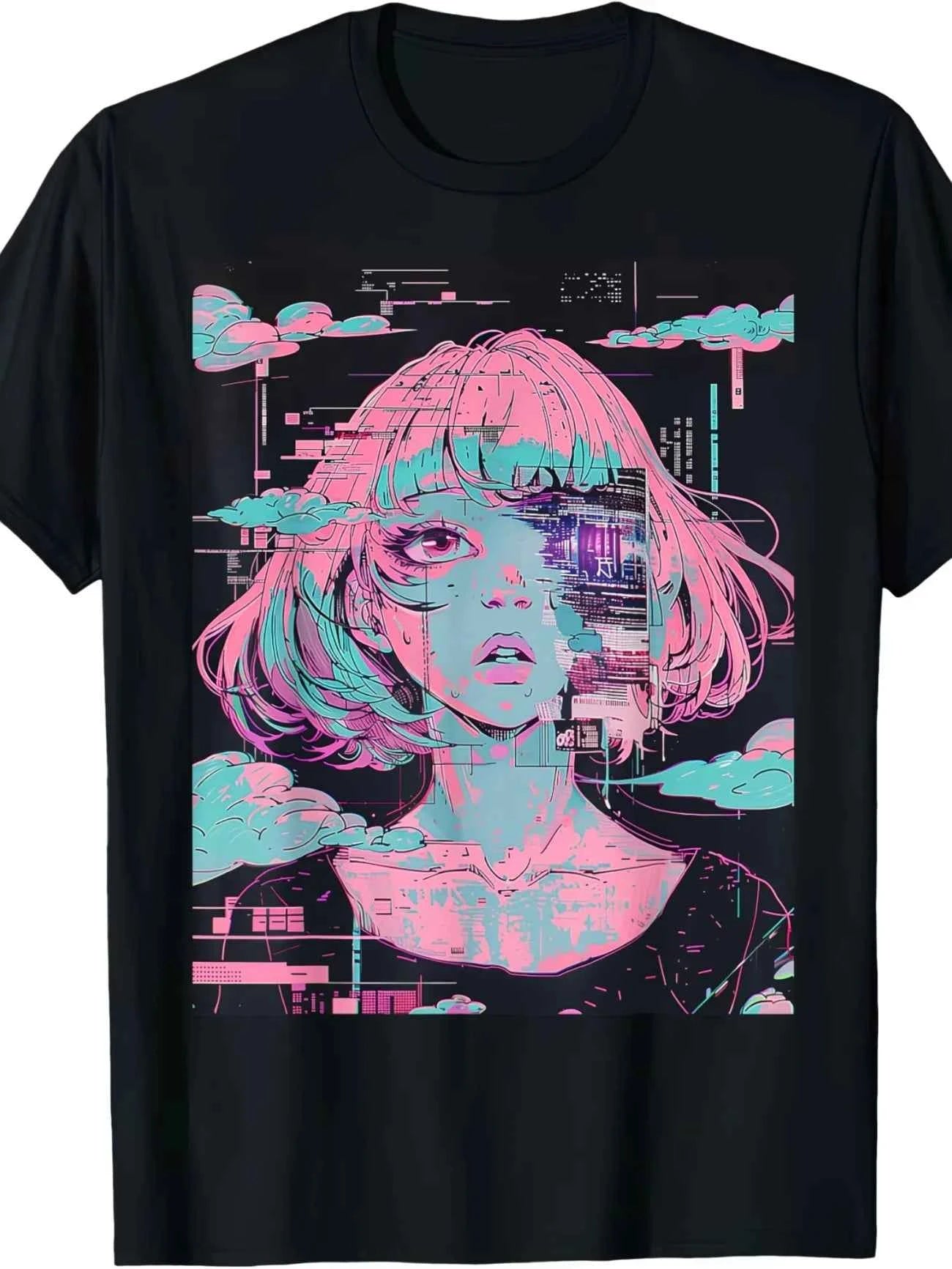 Cyber Glitch Anime Graphic Oversized Streetwear Cotton Casual T-Shirt