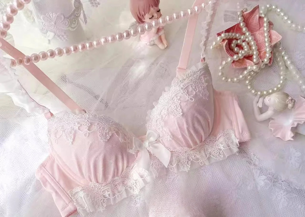 Pastel Pink Water-Soluble Lace Bra and Panty Set with Ribbon Details