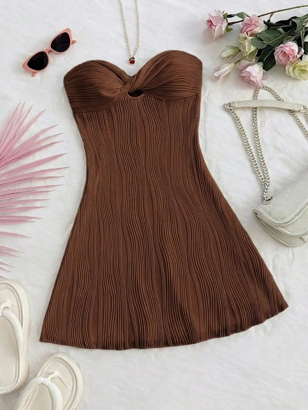 Strapless Pleated Mini Dress with Twist Front Detail A-Line Silhouette
