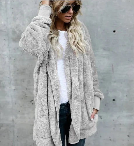 Women's Hooded Plush Fleece Cardigan Open Front Cozy Casual Layering Jacket