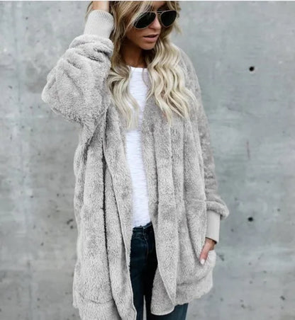Women's Hooded Plush Fleece Cardigan Open Front Cozy Casual Layering Jacket