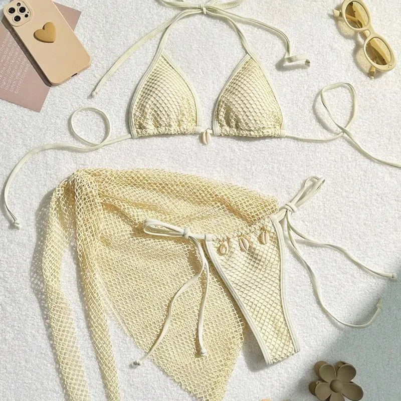 Earthy Textured Three-Piece Triangle Bikini Set with Cowrie Shell Accents and Net Skirt