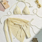 Earthy Textured Three-Piece Triangle Bikini Set with Cowrie Shell Accents and Net Skirt