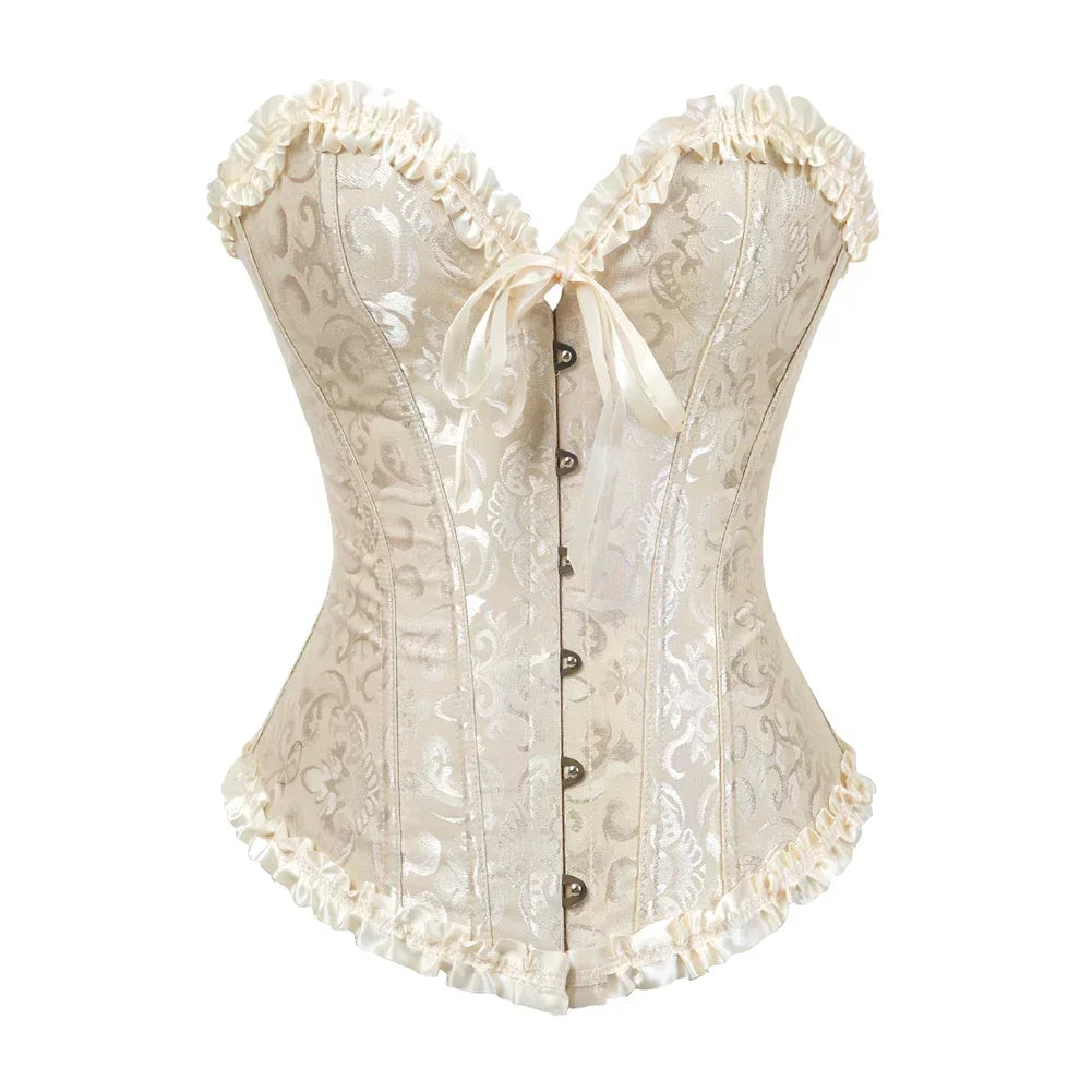Floral Lace Overbust Corset with Structured Boning and Decorative Bow Detail
