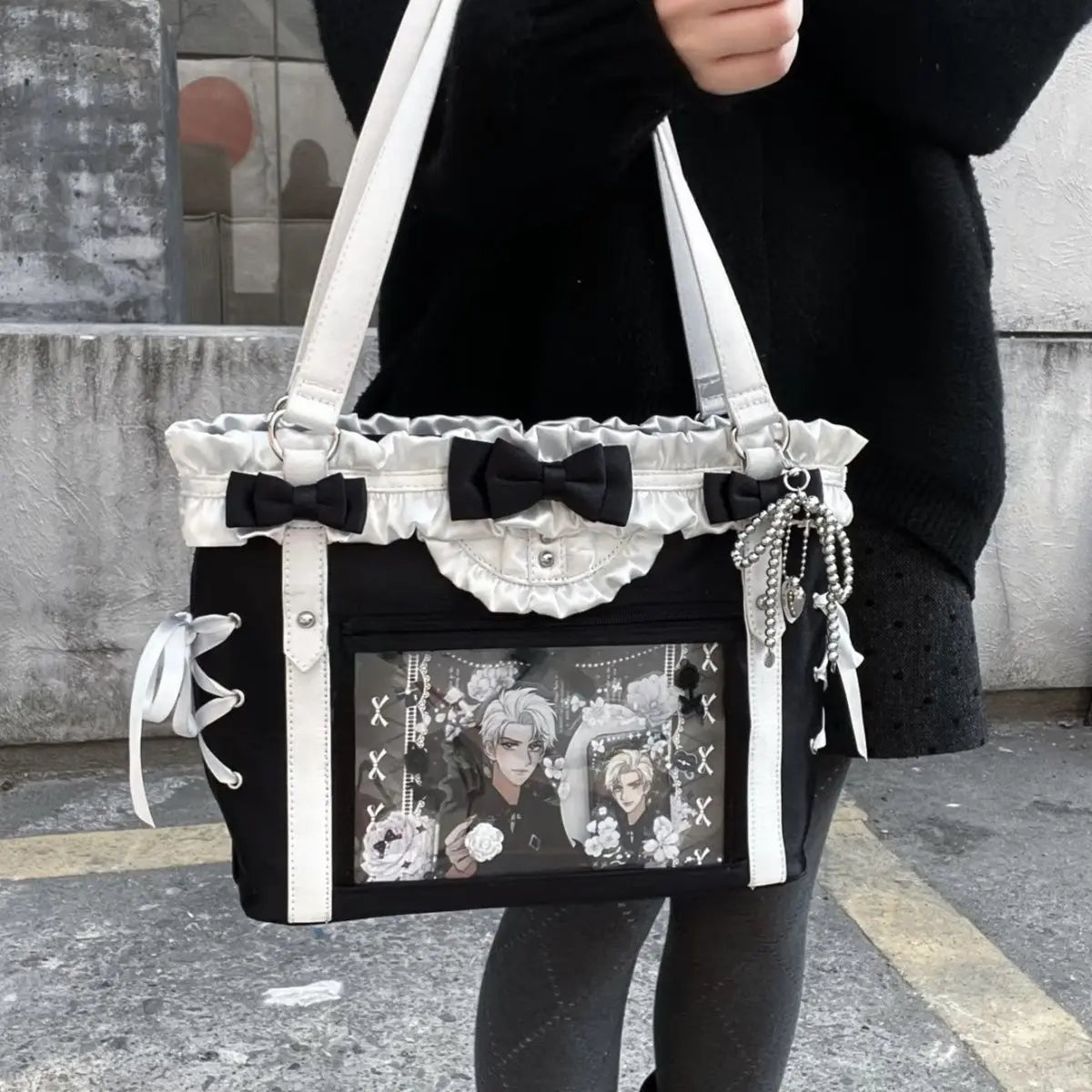 Display Window Tote Bag with Ribbon Accents Large Capacity Shoulder Carry Design