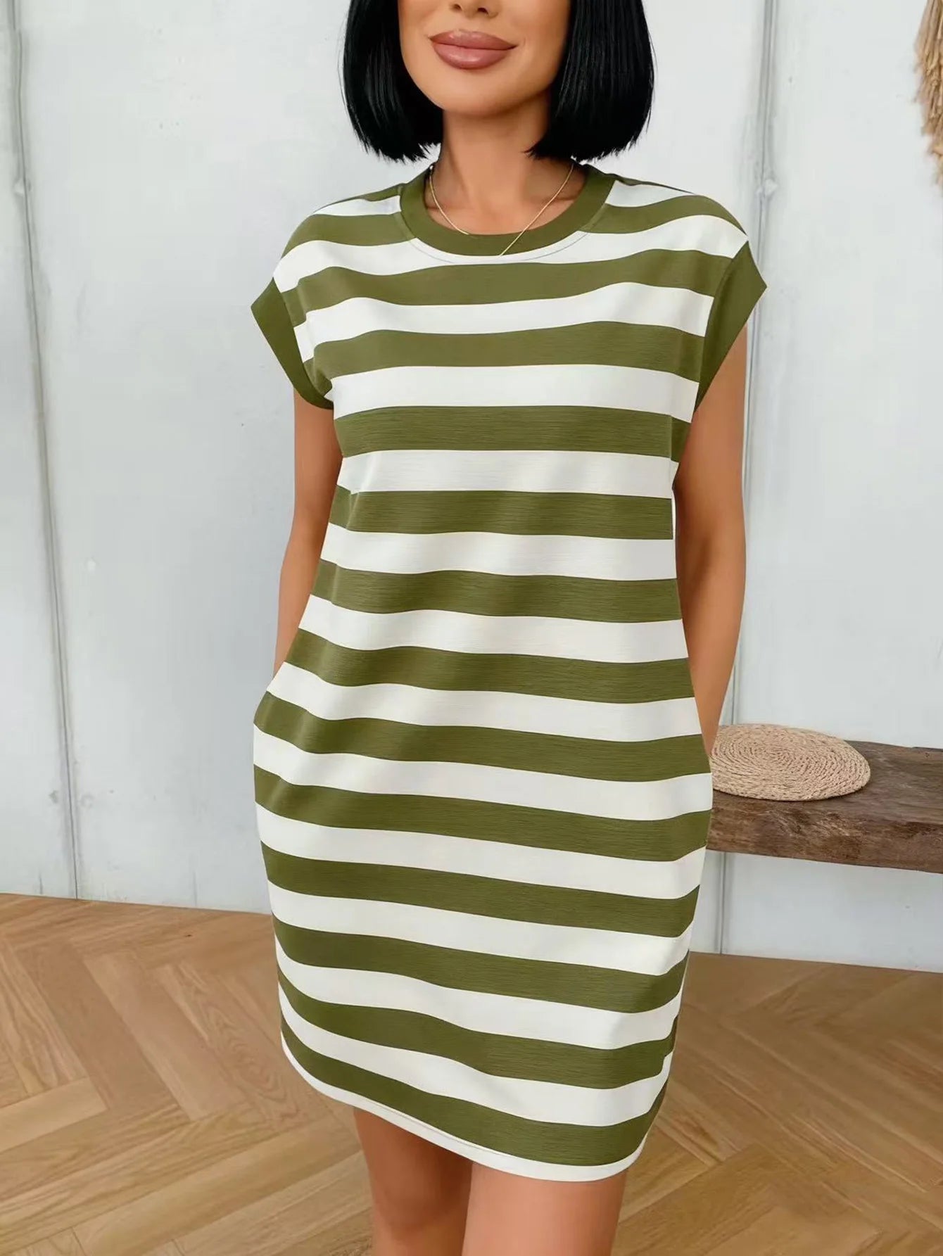 Striped Crew Neck Relaxed T-Shirt Mini Dress for Everyday Casual Style