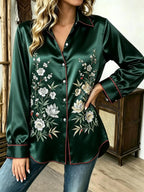 Vintage-Inspired Satin-Finish Floral Blouse with Contrast Red Piping and Button-Down Front