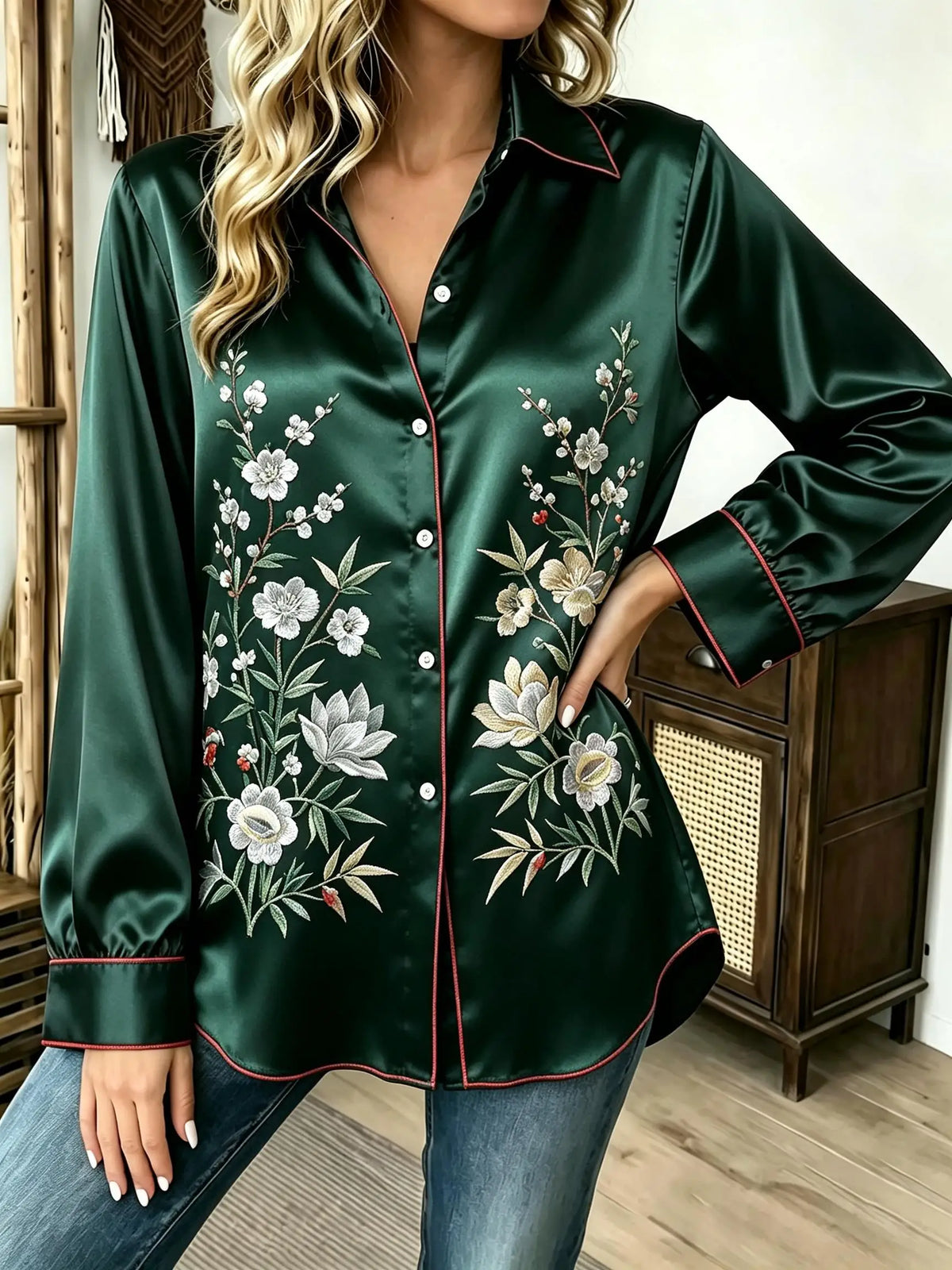 Vintage-Inspired Satin-Finish Floral Blouse with Contrast Red Piping and Button-Down Front