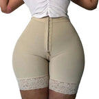 High-Waisted Structured Shaping Short with Front Hook Closure and Lace Hem