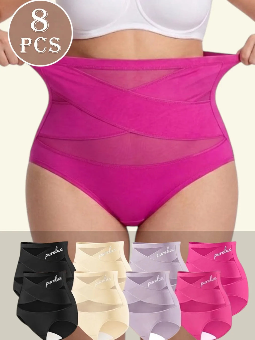 8-Piece Women’s High-Waisted Seamless Briefs Set with Smooth Stretch Silhouette, Wide Waistband and Assorted Solid Colors