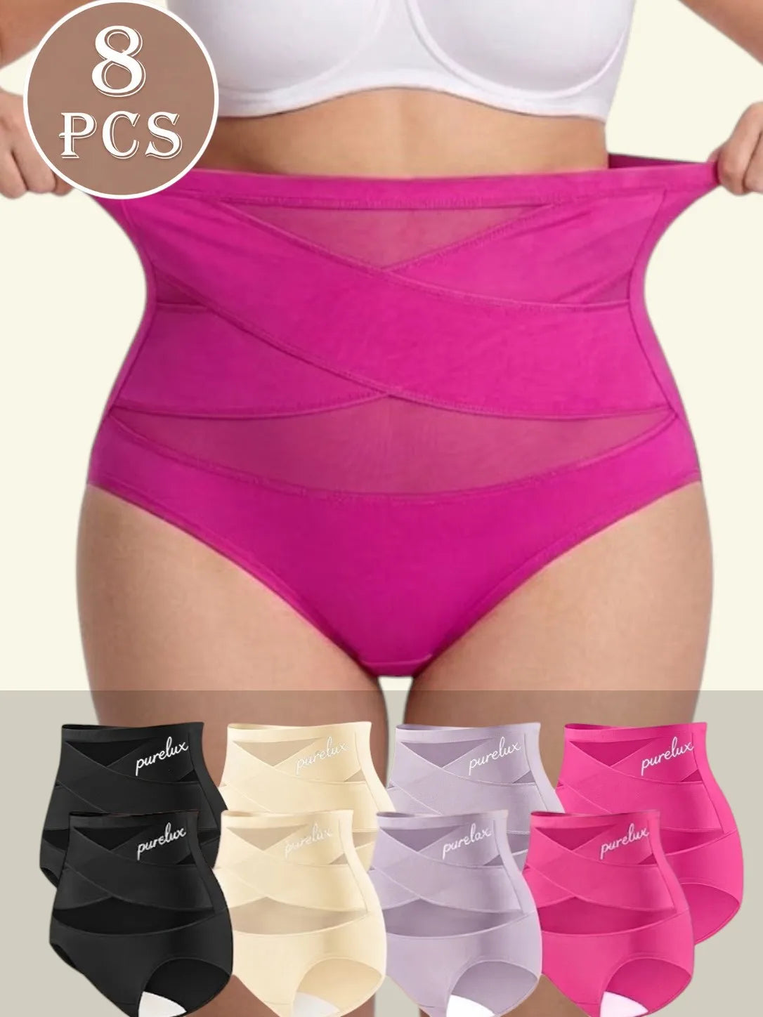 8-Piece Women’s High-Waisted Seamless Briefs Set with Smooth Stretch Silhouette, Wide Waistband and Assorted Solid Colors