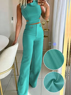 Sleeveless Button Detail Top and Flare Pants Casual Co-Ord Set