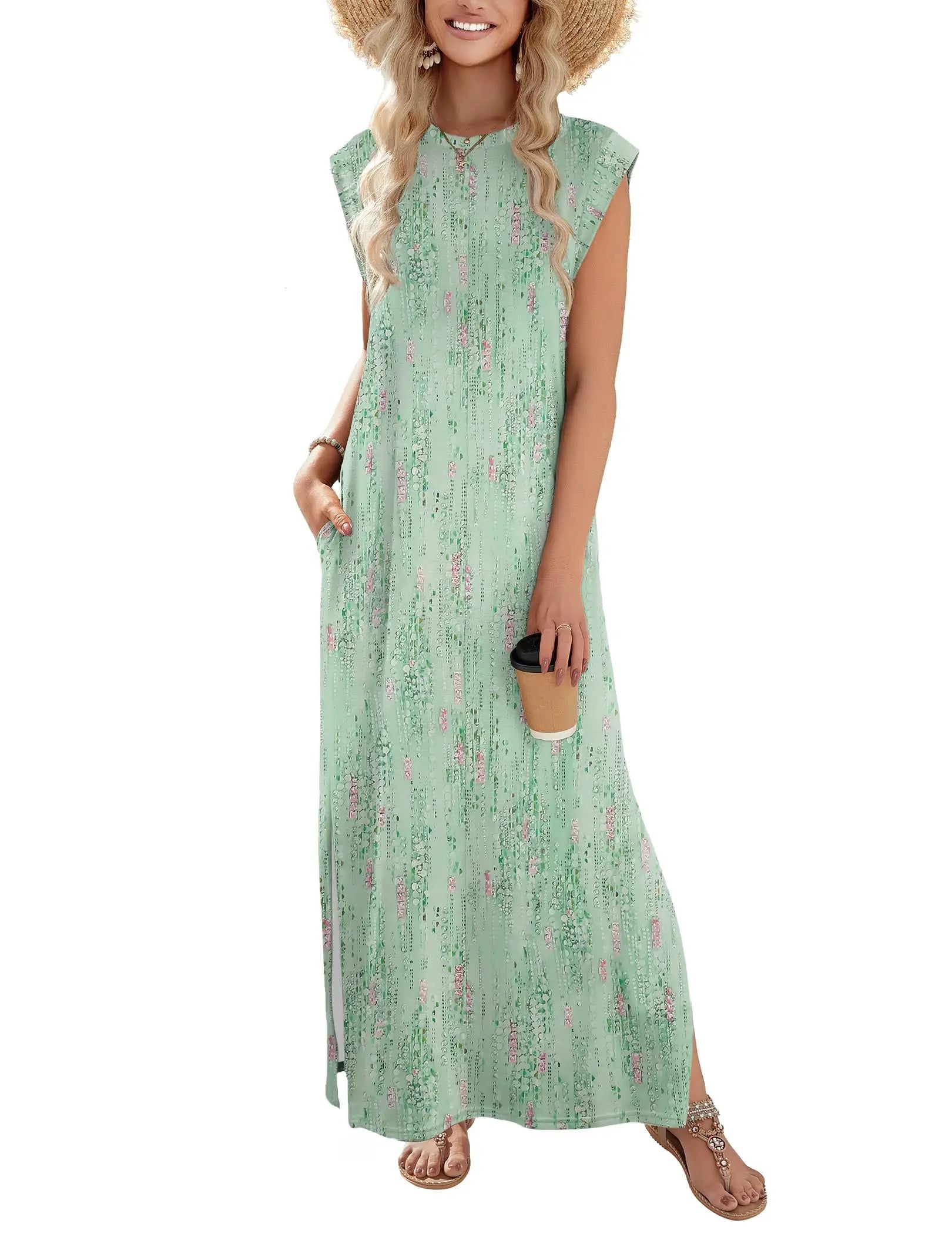 Loose Fit Sleeveless Floral Maxi Dress with Pockets for Casual Styling