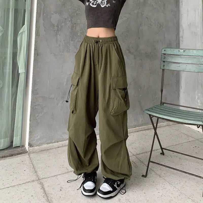 Women's Low-Rise Drawstring Wide-Leg Cargo Sweatpants with Utility Pocket Streetwear Style