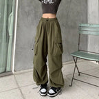 Women's Low-Rise Drawstring Wide-Leg Cargo Sweatpants with Utility Pocket Streetwear Style
