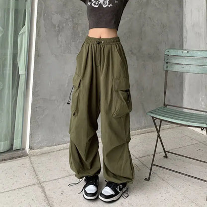 Women's Low-Rise Drawstring Wide-Leg Cargo Sweatpants with Utility Pocket Streetwear Style