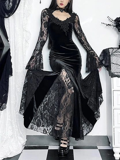 Velvet Gothic Mermaid Dress with Lace Panels and Alternative Elegance