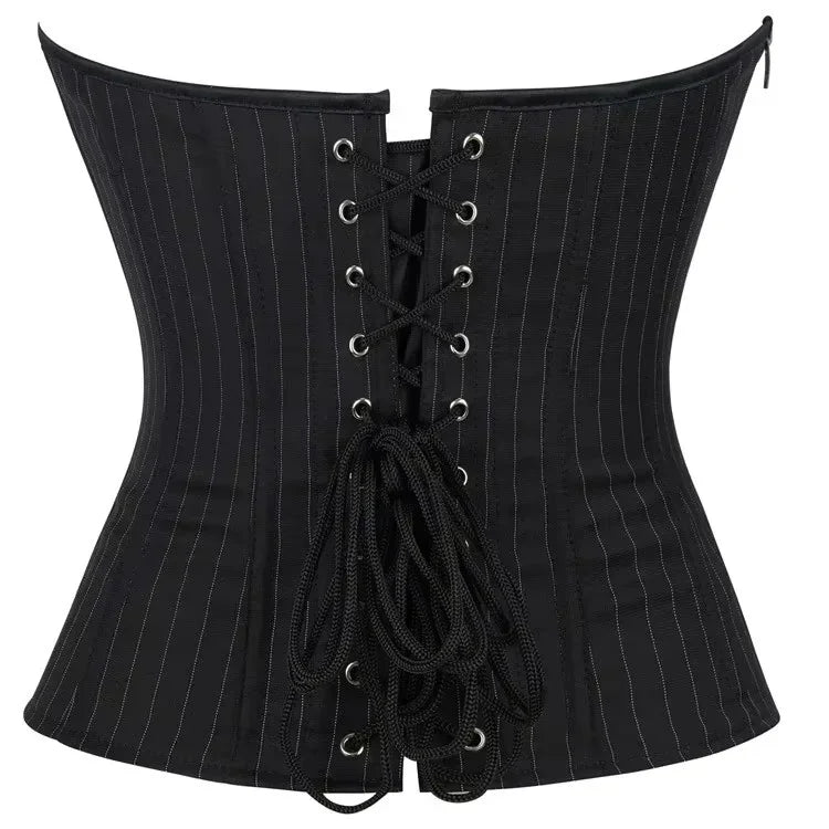 Tailored Black Pinstripe Overbust Corset with Structured Sweetheart Bodice