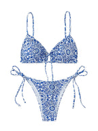 Blue and White Porcelain Print Triangle String Bikini