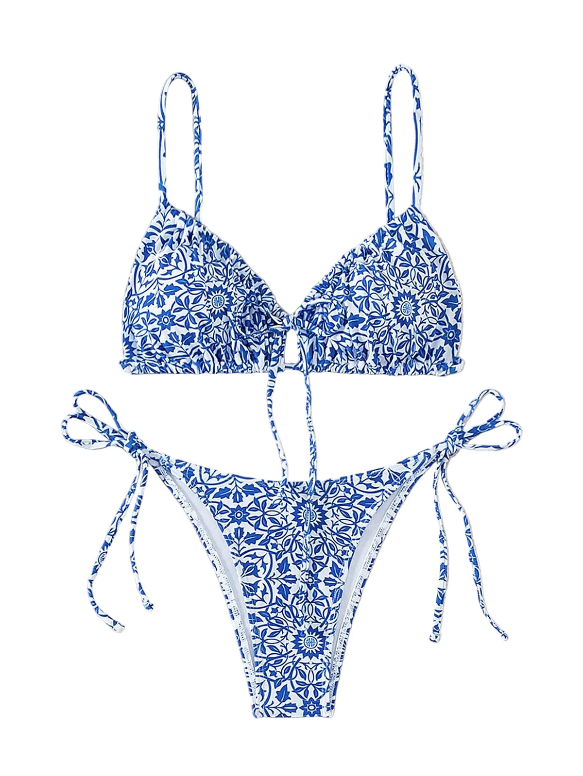Blue and White Porcelain Print Triangle String Bikini