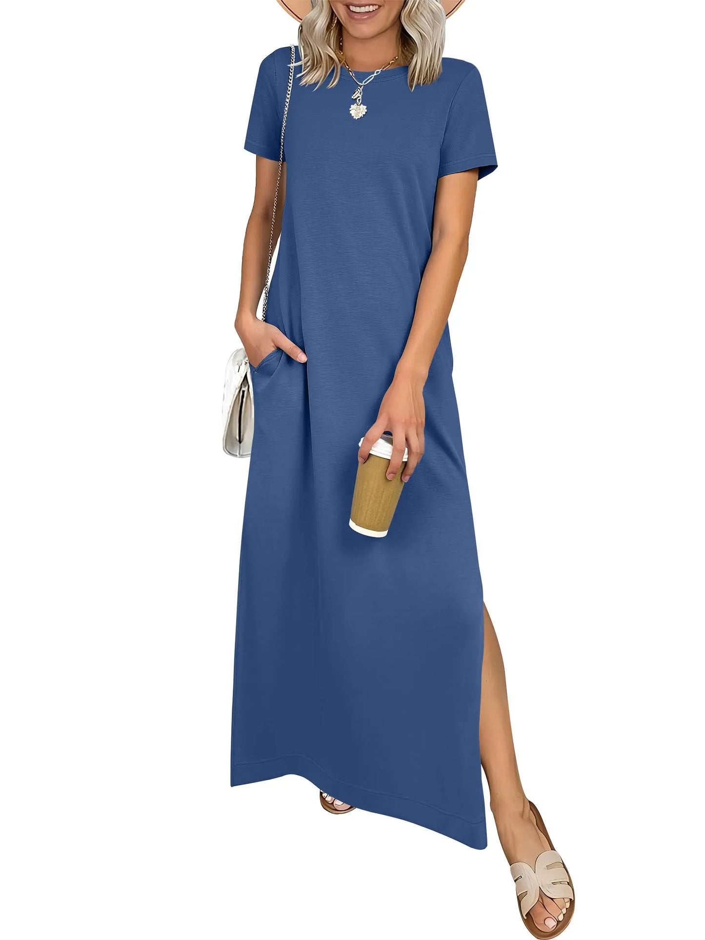 Relaxed Crew Neck Maxi Dress with Side Slits and Functional Pockets
