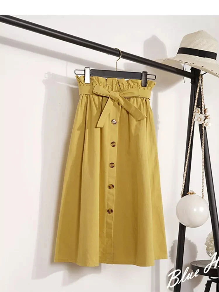 High Waist Pleated Midi Skirt with Button Front Elegant Contemporary Everyday Fashion