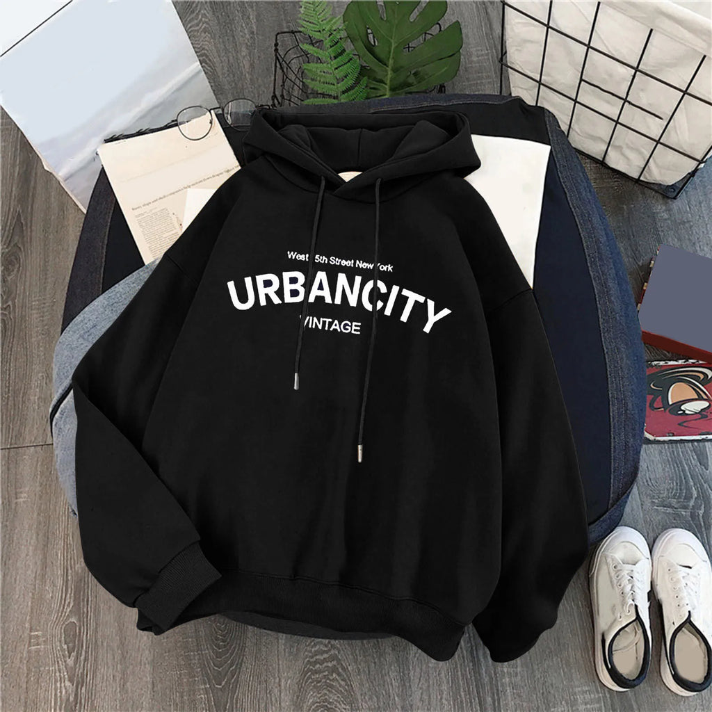 Women's Relaxed Graphic Pullover Hoodie with Minimal Typography Casual Streetwear Sweatshirt