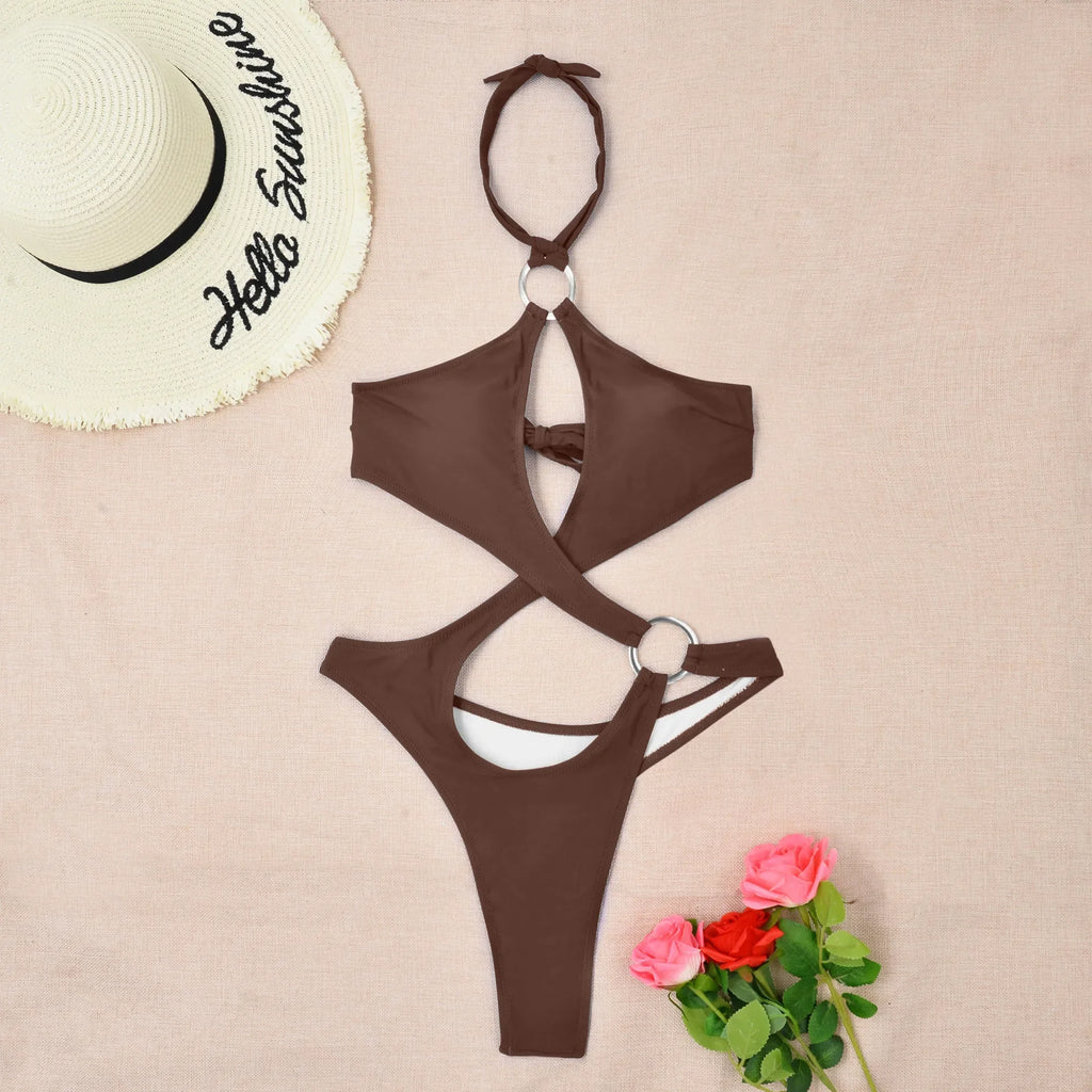 Bold Espresso Brown Cutout One-Piece Swimsuit with Asymmetrical Wrap Detail