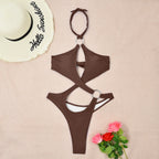 Bold Espresso Brown Cutout One-Piece Swimsuit with Asymmetrical Wrap Detail