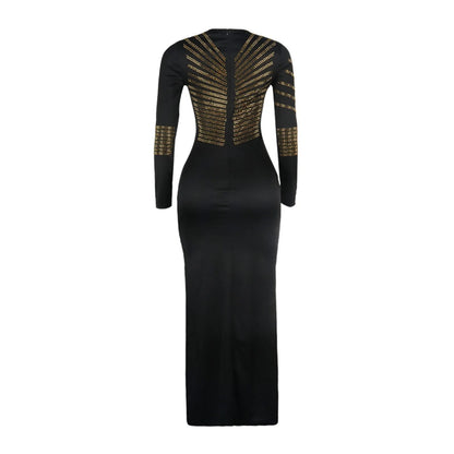 Metallic Stripe Cutout Gothic Eveningwear Bodycon Maxi Dress