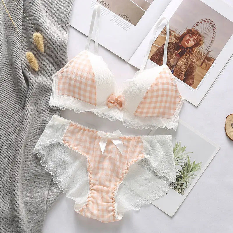 Playful Gingham Check and White Wire-Free Bra Set with Ruffled Lace Trim