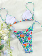 Vibrant Abstract Print Triangle String Bikini with Multi-Strap Cutout Bottoms