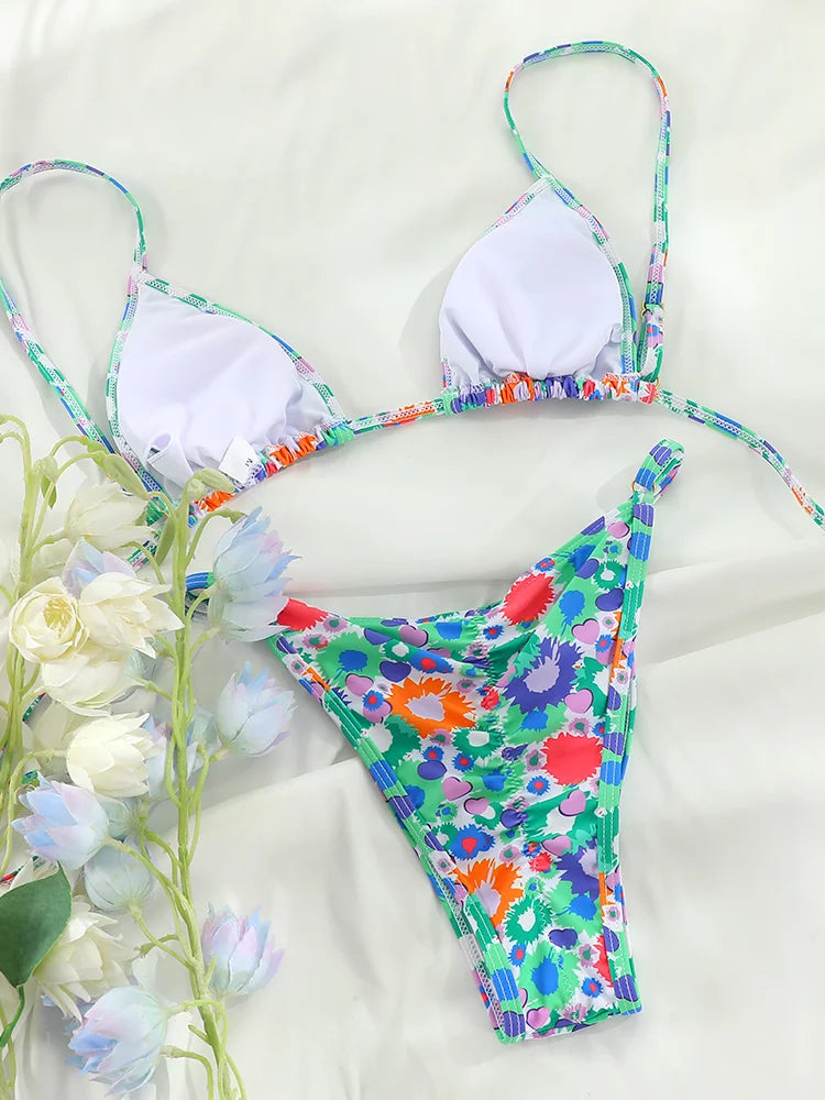 Vibrant Abstract Print Triangle String Bikini with Multi-Strap Cutout Bottoms