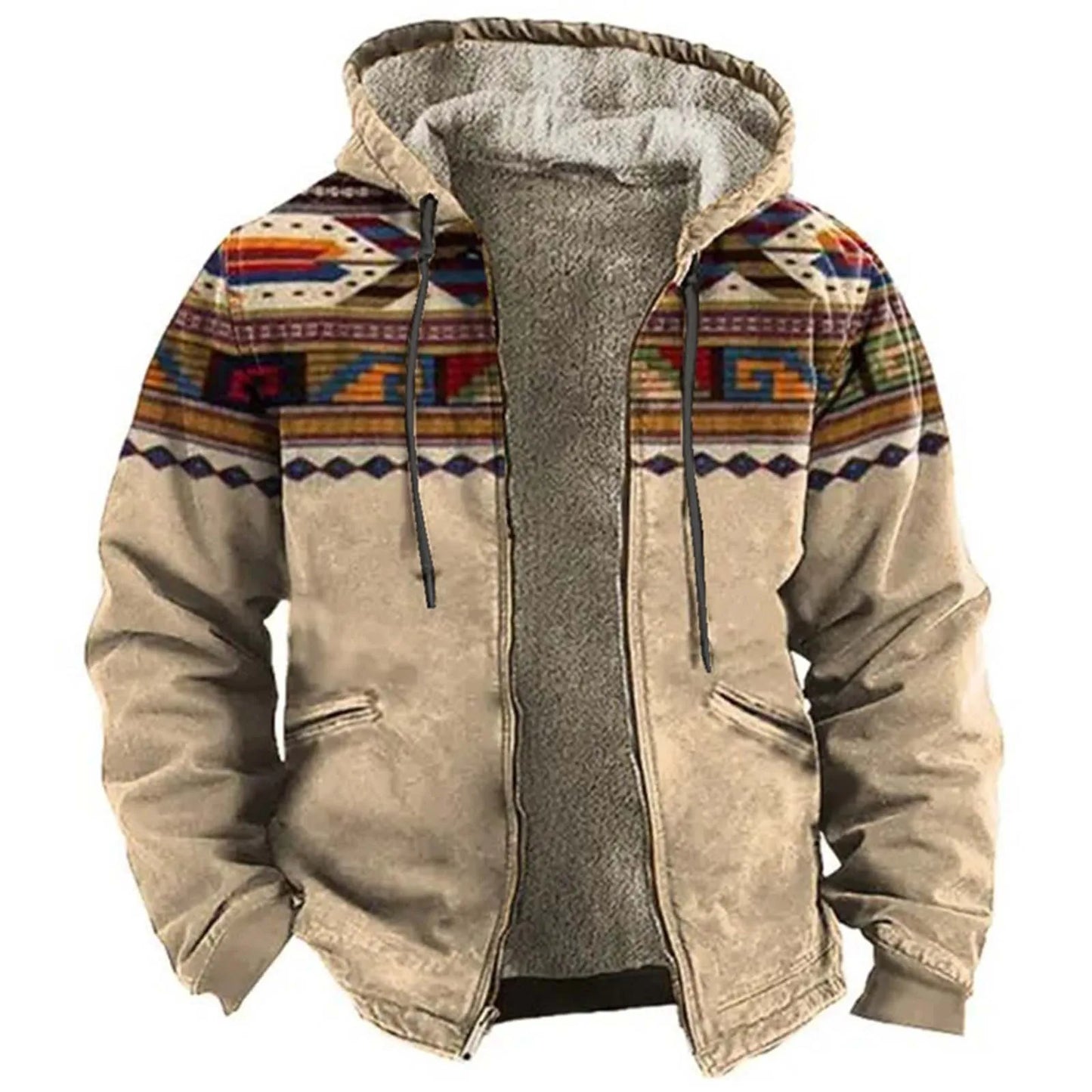 Men's Hooded Sherpa Lined Geometric Pattern Zip Jacket for Relaxed Outdoor Streetwear Style
