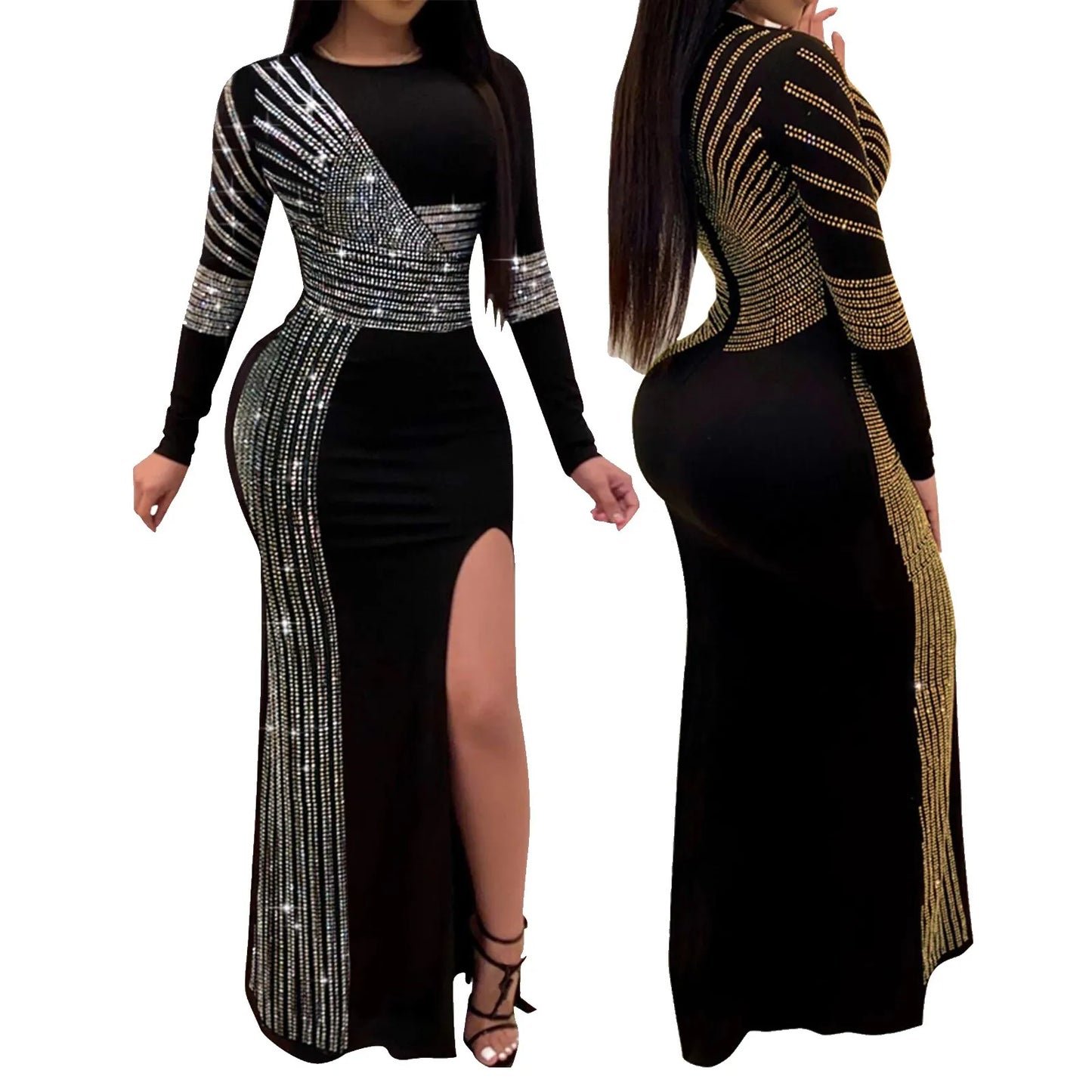 Metallic Stripe Cutout Gothic Eveningwear Bodycon Maxi Dress