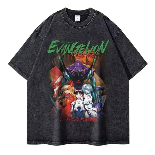 Retro Anime-Inspired Mecha Manga Streetwear Oversized Washed Cotton T-Shirt