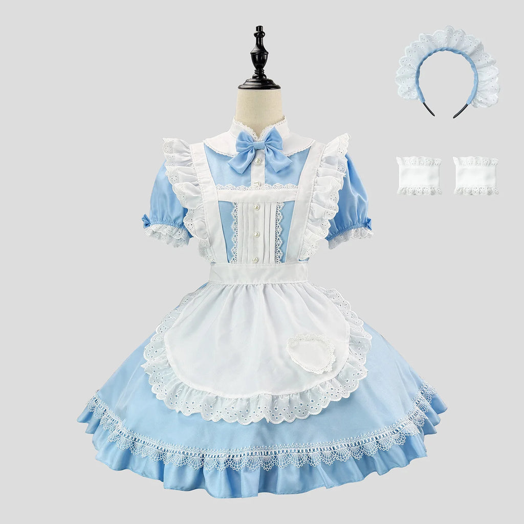 Sky Blue and White Alice-Inspired Maid Dress with Ruffled Apron and Matching Headband