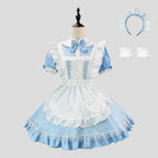 Sky Blue and White Alice-Inspired Maid Dress with Ruffled Apron and Matching Headband