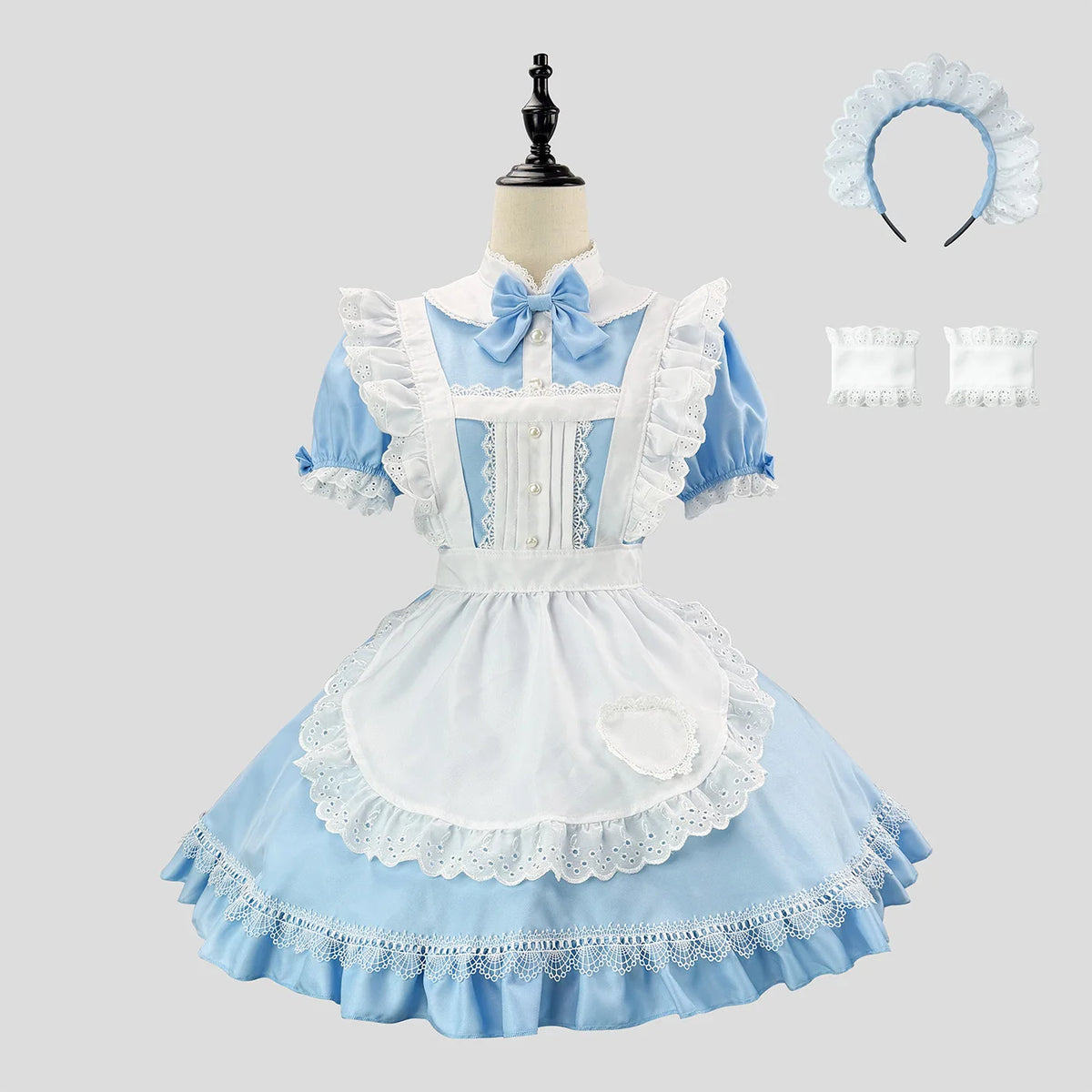 Sky Blue and White Alice-Inspired Maid Dress with Ruffled Apron and Matching Headband