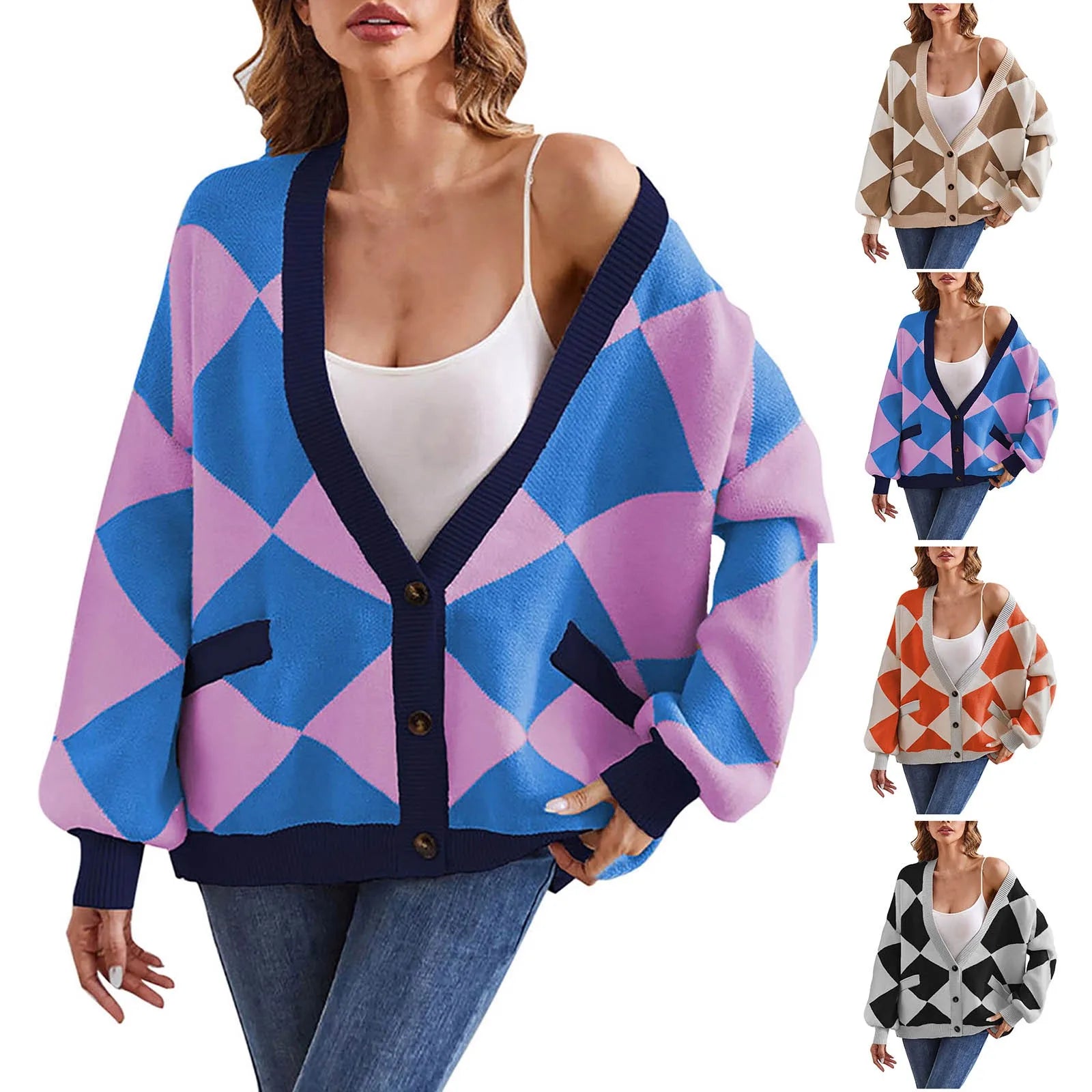 Women's Geometric Color Block Knit Cardigan with Oversized Button Front Design