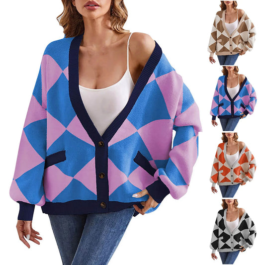 Women's Geometric Color Block Knit Cardigan with Oversized Button Front Design