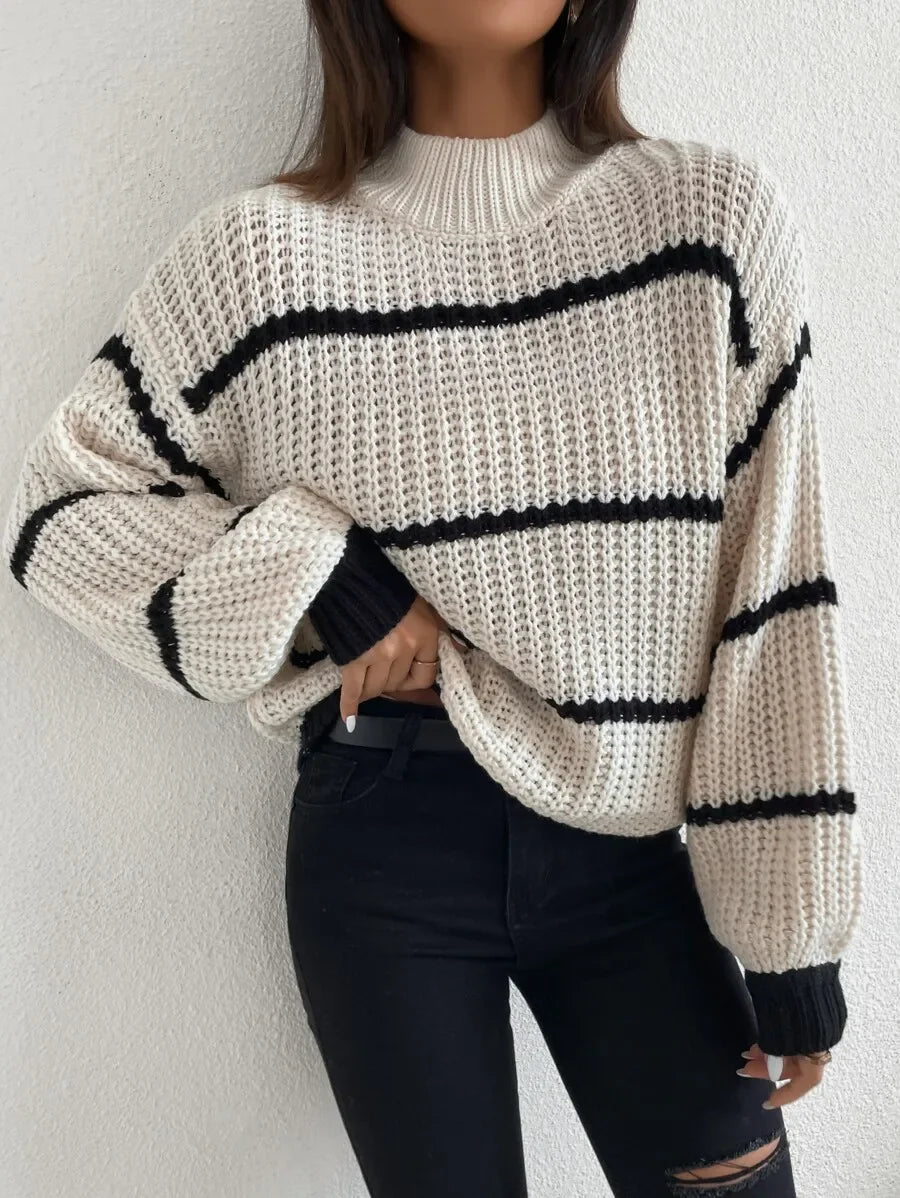 Women's Oversized Striped Crew Neck Relaxed Fit Streetwear Knit Sweater