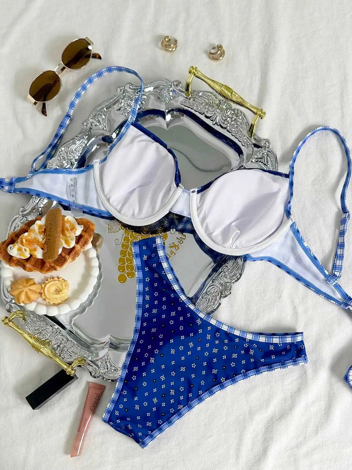 Earthy Brown Gingham Balconette Bikini Set with Scalloped Edge Detailing