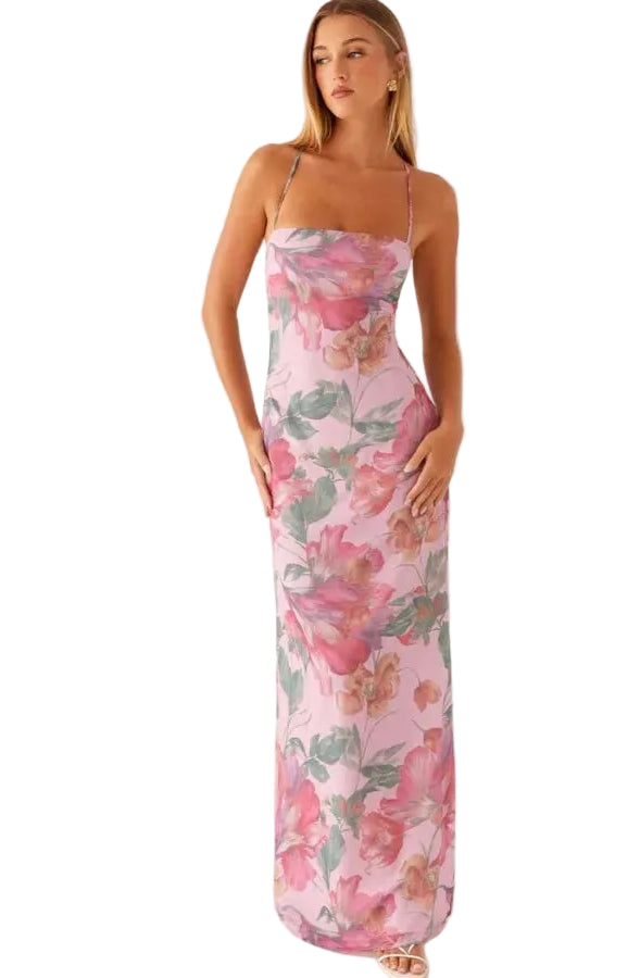 Floral Print Cami Maxi Dress With Straight Neck Silhouette