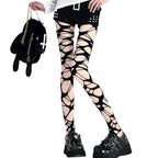 Crisscross Distressed Fishnet Pantyhose Punk Y2K Alternative Fashion Tights
