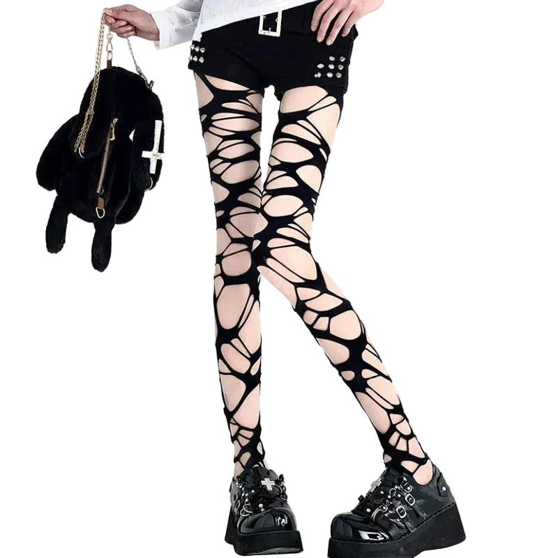 Crisscross Distressed Fishnet Pantyhose Punk Y2K Alternative Fashion Tights