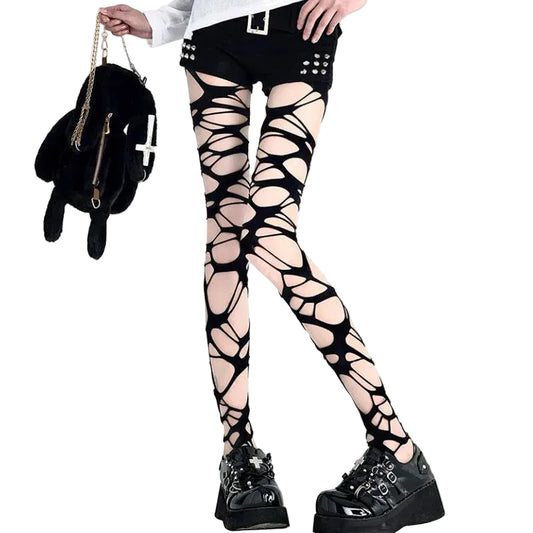 Crisscross Distressed Fishnet Pantyhose Punk Y2K Alternative Fashion Tights
