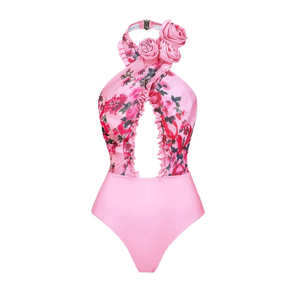 Romantic Pink Floral Cutout Swimsuit with Matching Tiered Ruffle Cover-Up